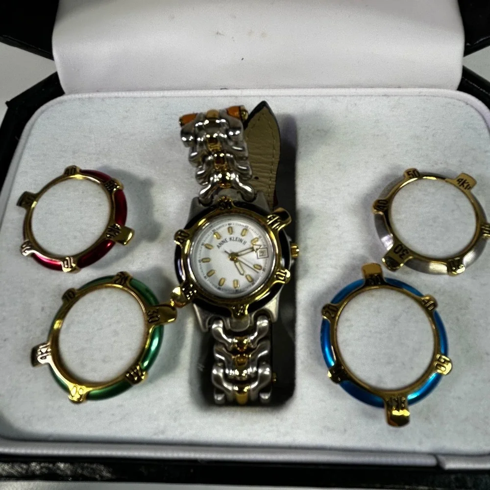 Anne‎ Klein II Vintage Watch Set Two Tone Leather Strap 4 Interchangeable Bezels